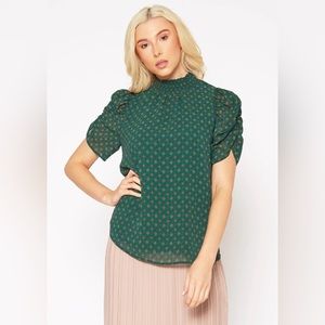 Pleione Ruched Short Sleeve Smocked Mock Neck Top - Small